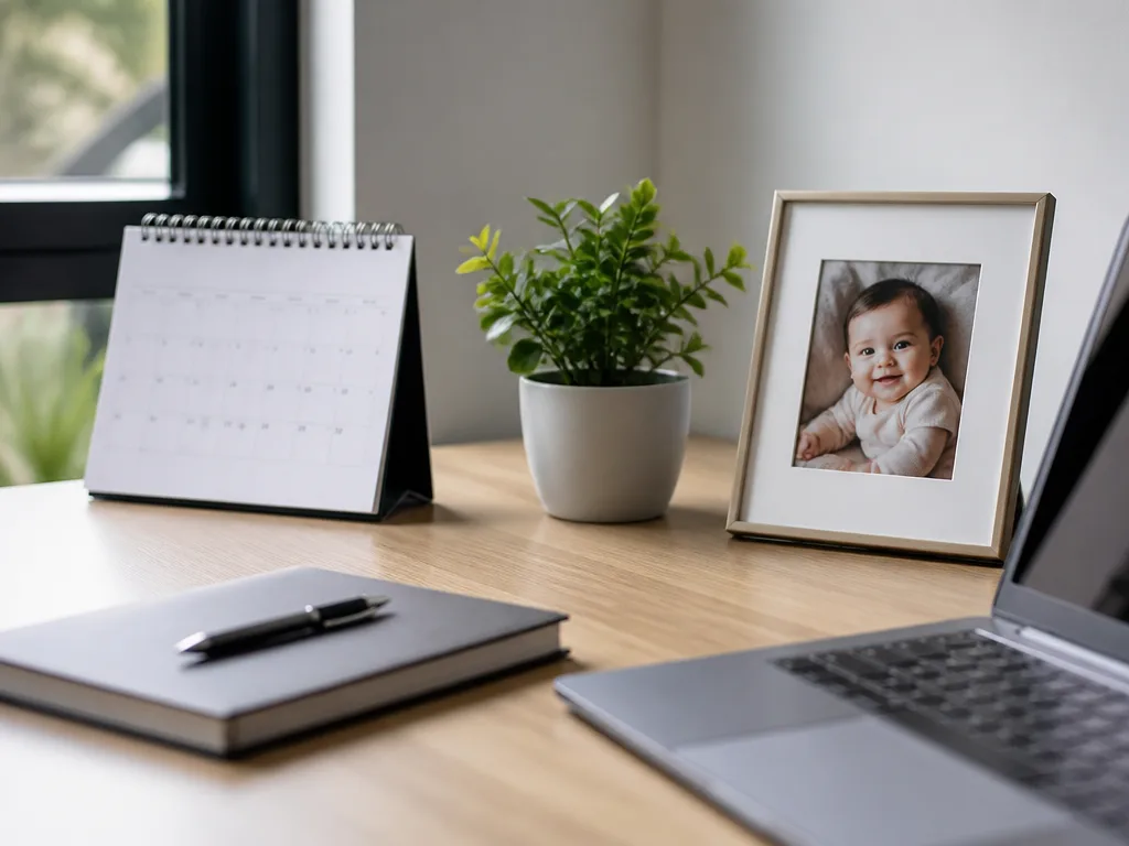 Skrivbord med kalender, laptop och en inramad babybild i ett lugnt kontor