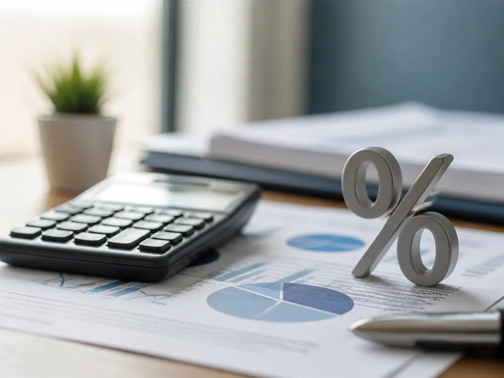Miniräknare och finansiella dokument på ett skrivbord, symboliserar ränta på skattekontot