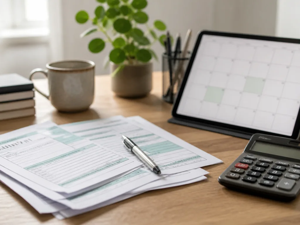 Skattepapper, kalender och miniräknare på ett skrivbord, symboliserar deklaration och skattedeklaration