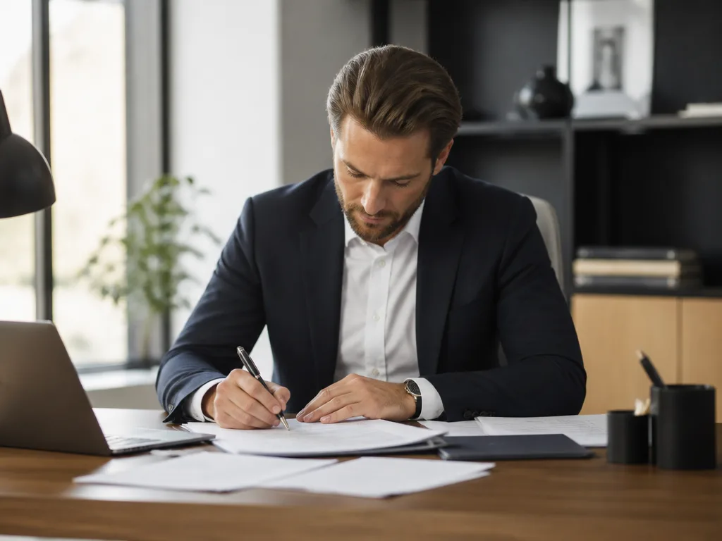 Entreprenör signerar registreringsdokument för aktiebolag vid ett modernt skrivbord