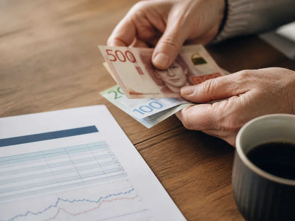 Händer räknar svenska sedlar bredvid ett pensionsbesked på ett träskrivbord i varmt ljus